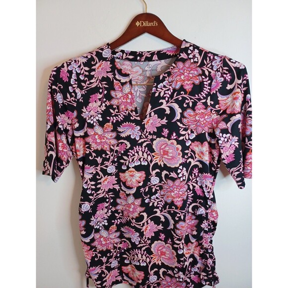 Lands End Knit Pullover Top S Pink Floral Shortsleeve V Neck Spandex Stretchy - Picture 7 of 13